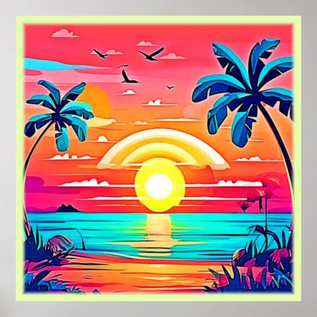 Affiche Coucher de soleil de plage tropical avec arc-en-ci (Devant)