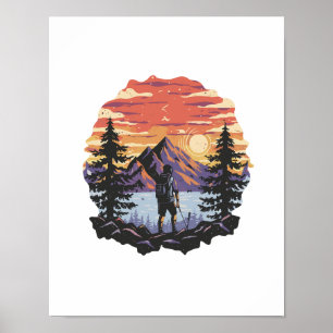 Affiche Coucher de soleil derrière les arbres et les monta