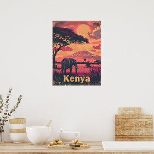 Affiche Coucher de soleil des éléphants du Kenya
