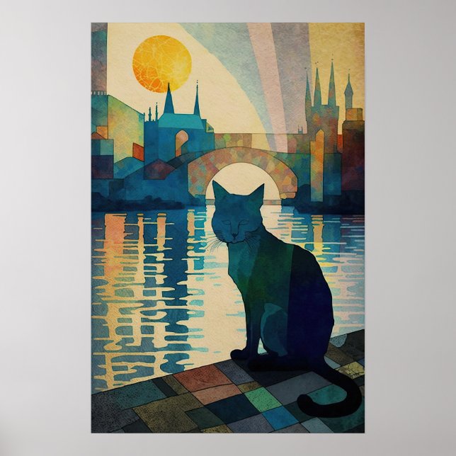 Affiche Coucher de soleil d'observation de chats cubes sur (Devant)