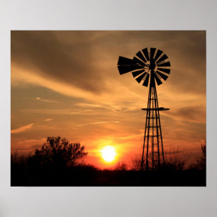 Affiche Coucher de soleil doré du Kansas avec silhouette d