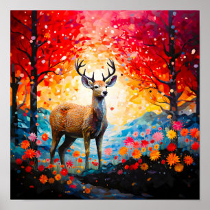 Affiche Coucher de soleil doré Floral Forêt d'automne Cerf