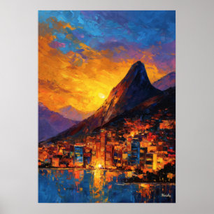 Affiche Coucher de soleil doré sur la skyline expressionni