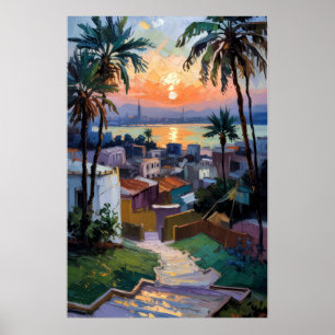 Affiche Coucher de soleil doré sur la ville côtière