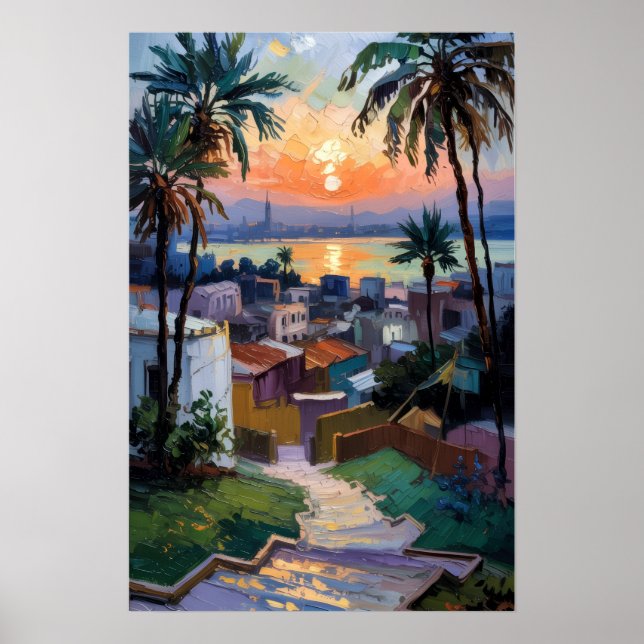 Affiche Coucher de soleil doré sur la ville côtière (Devant)