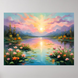 Affiche Coucher De Soleil Doré Vibrant Sur Le Lac Tranquil