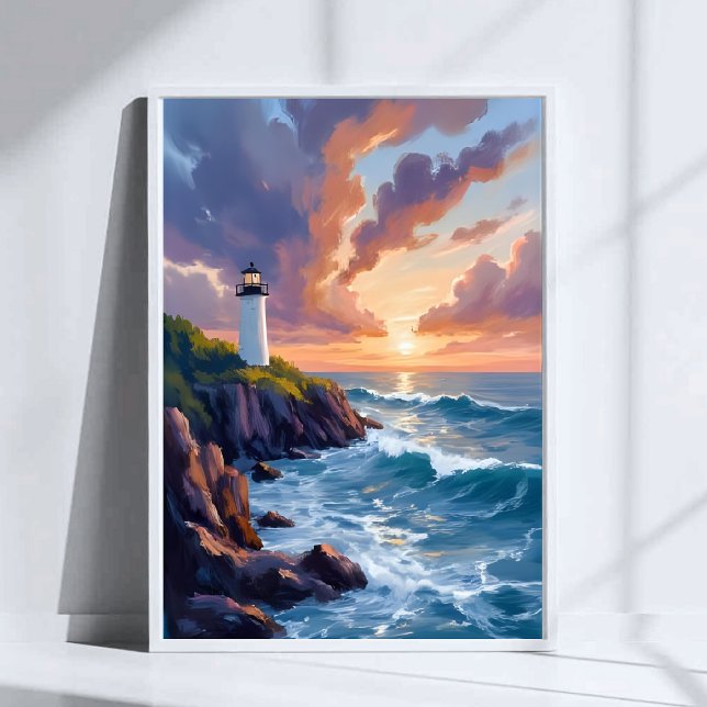 Affiche Coucher de soleil du phare côtier | Plage Peinture (Créateur téléchargé)