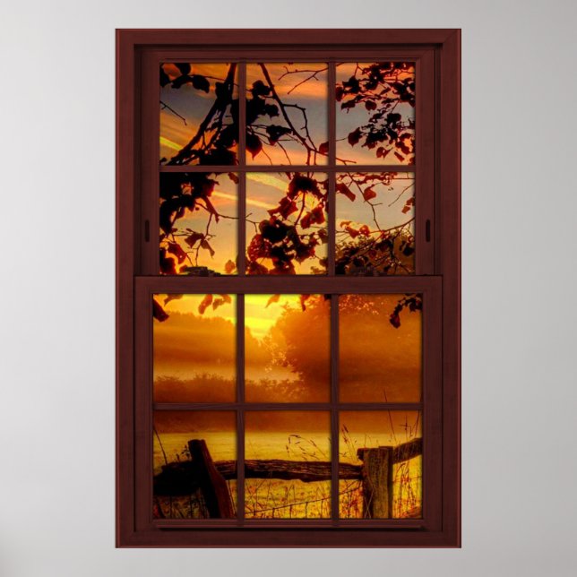 Affiche Coucher de soleil en automne Faux Cherry Wood Wind (Devant)