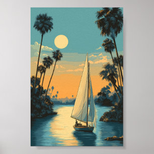 Affiche Coucher de soleil en voilier tropical - Palm Tree 
