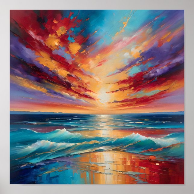 Affiche Coucher de soleil enflammé sur les vagues de l'océ (Devant)