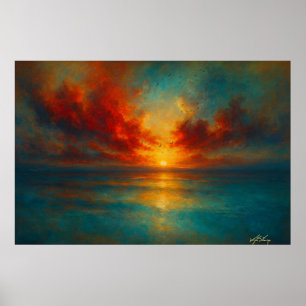 Affiche Coucher de soleil enflammé sur une mer tranquille