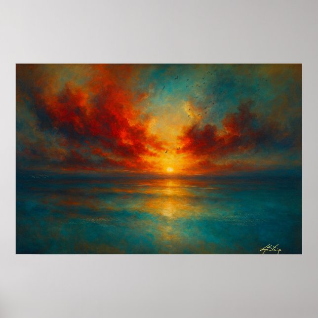 Affiche Coucher de soleil enflammé sur une mer tranquille  (Devant)