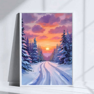 Affiche Coucher de soleil enneigé Paysage de montagne hi