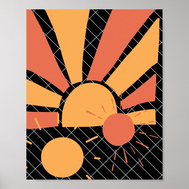 Affiche coucher de soleil et lignes Retro rouge et orange  (Devant)
