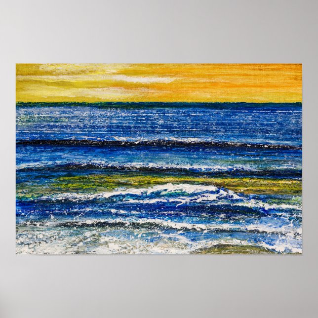 Affiche - Coucher de soleil et vagues marines (Devant)