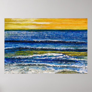 Affiche - Coucher de soleil et vagues marines