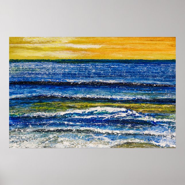 Affiche - Coucher de soleil et vagues marines (Devant)