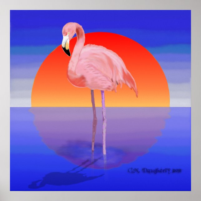Affiche Coucher de soleil Flamant rose (Devant)