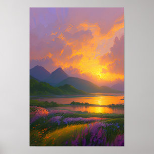 Affiche Coucher de soleil flamboyant, Beau lac aux berges