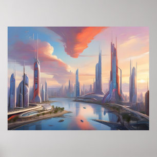 Affiche Coucher de soleil futuriste : Un paysage technolog