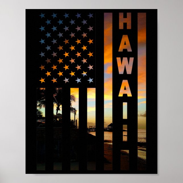 Affiche Coucher de soleil Hawaï Drapeau américain Honolulu (Devant)