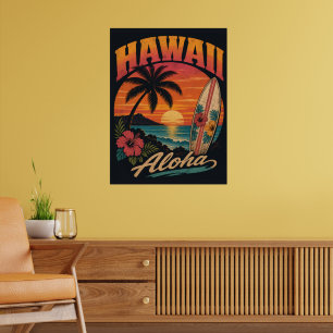 Affiche Coucher de soleil hawaïen vintage Palmiers Planche