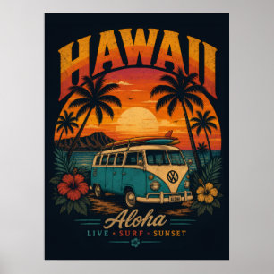 Affiche Coucher de soleil hawaïen vintage Palmiers Planche