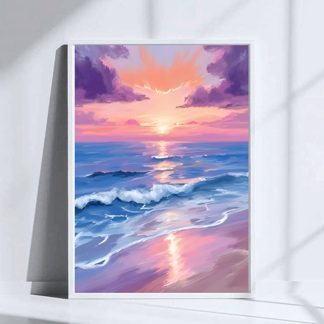 Affiche Coucher de soleil lavande violet plage océan aquar (Créateur téléchargé)