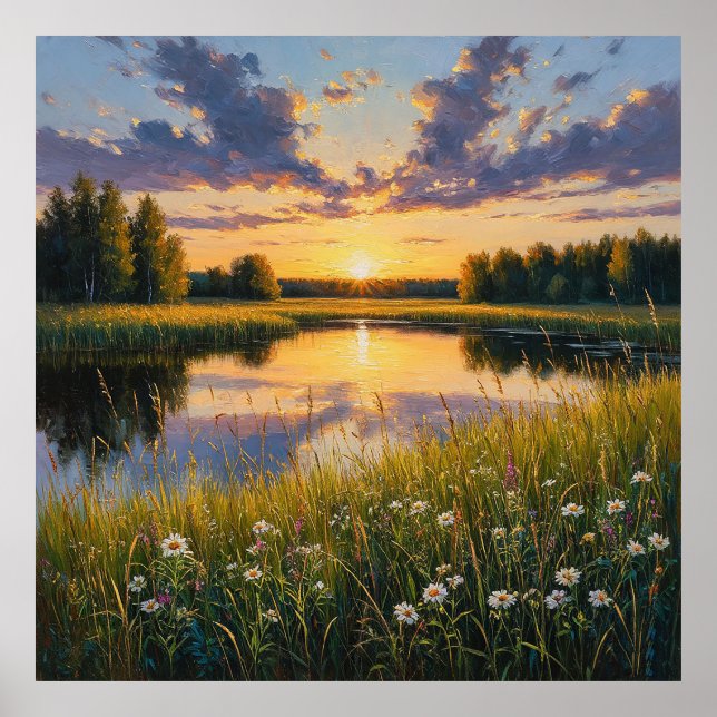 Affiche Coucher de soleil lumineux et tranquille sur un la (Devant)