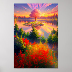 Affiche Coucher de soleil majestueux, Arbre géant