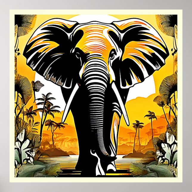 Affiche Coucher de soleil majestueux d'éléphant (Devant)