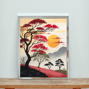 Affiche Coucher de soleil majestueux sur la savane cramois