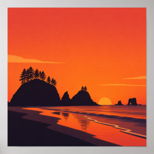Affiche Coucher de soleil minimaliste côtier à La Push, Wa