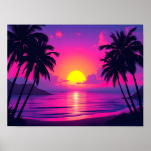 Affiche Coucher de soleil néon sur une paume – Esthétique 