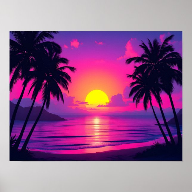 Affiche Coucher de soleil néon sur une paume – Esthétique  (Devant)