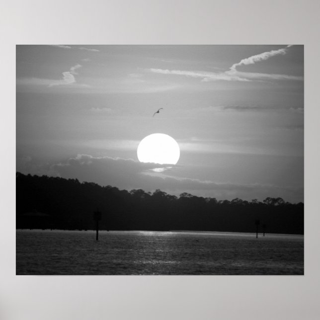 Affiche Coucher de soleil noir et blanc sur la baie Horizo (Devant)