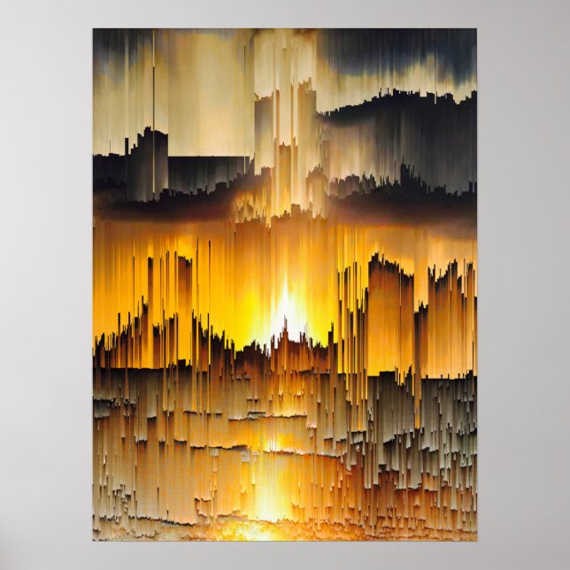 Affiche Coucher de soleil numérique abstrait avec bogue (Devant)