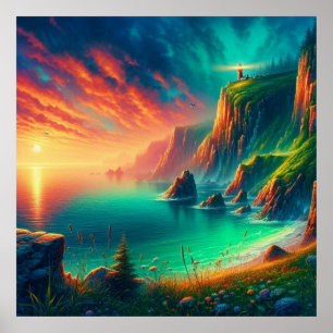 Affiche Coucher de soleil numérique côtier lumineux et enf