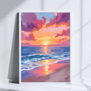 Affiche Coucher de soleil océanique Aquarelle Vagues Peint