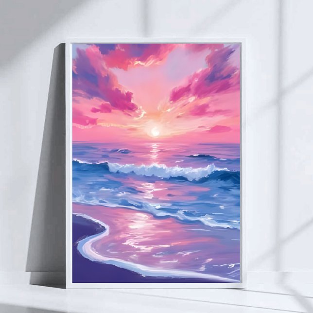 Affiche Coucher de soleil océanique rose vagues Art aquare (Créateur téléchargé)