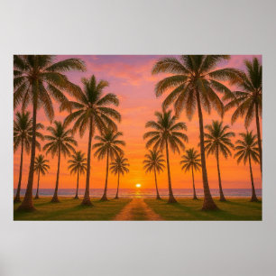 Affiche Coucher de soleil orange doré sur une plage tropic