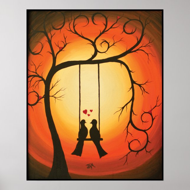 Affiche Coucher de soleil orange et noir avec oiseaux (Devant)