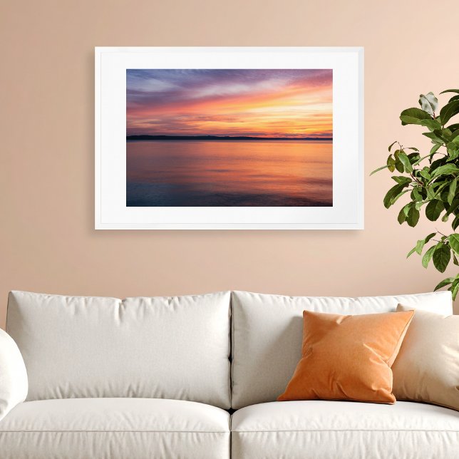 Affiche Coucher de soleil orange et violet sur une photo d (Please note: This image is a digital mockup. The product may not be in scale.)