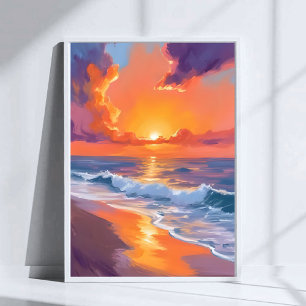 Affiche Coucher de soleil orange plage océan peinture Heur