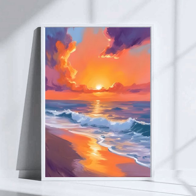 Affiche Coucher de soleil orange plage océan peinture Heur (Créateur téléchargé)