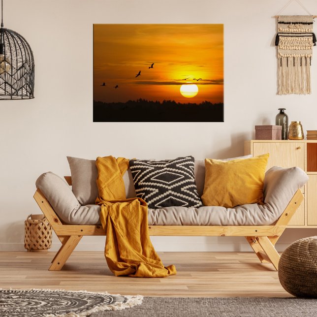 Affiche Coucher de soleil orange romantique avec grues vol (Créateur téléchargé)