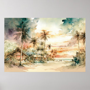 Affiche Coucher de soleil paisible Plage tropicale Aquarel