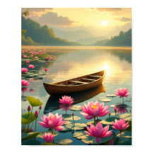 Coucher de soleil paisible sur le lac avec bateau