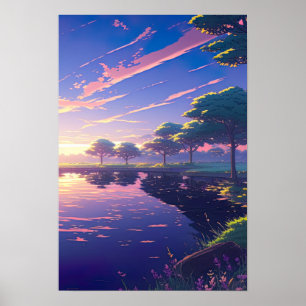 Affiche Coucher de soleil par la Riverbank - Digital Anime