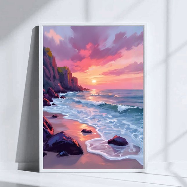 Affiche Coucher de soleil pastel rose sur la plage Océan V (Créateur téléchargé)